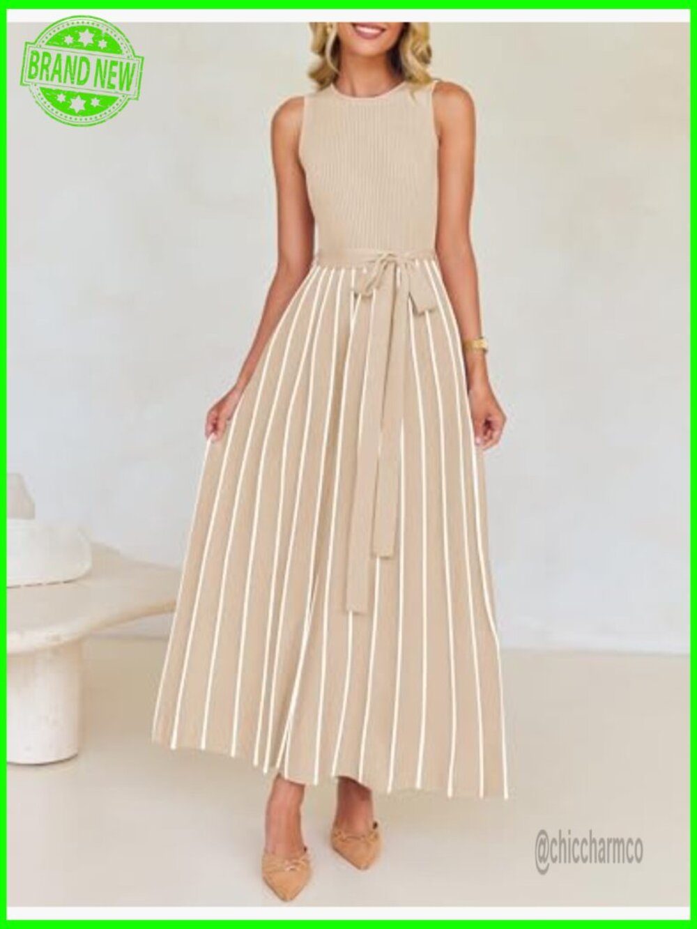 Sleeveless Ribbed Knit Maxi Dress with Tie Waist Crewneck Casual A-Line - Picture 2 of 7